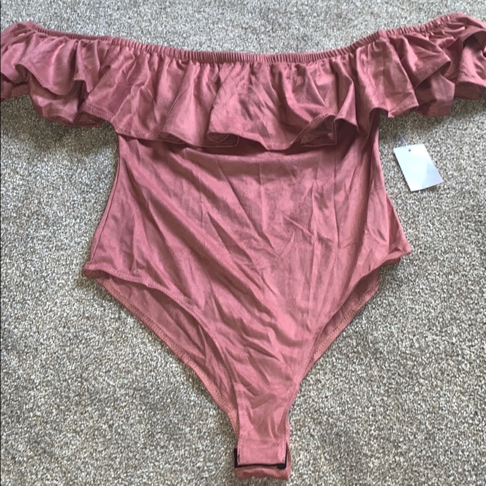 Suede off pink body suit!! Off shoulder.